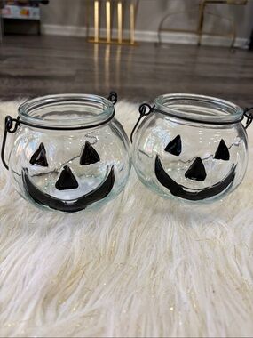 Glass Jack-O'-Lantern Tealight Holders - Clear with Black Face - Home Accents